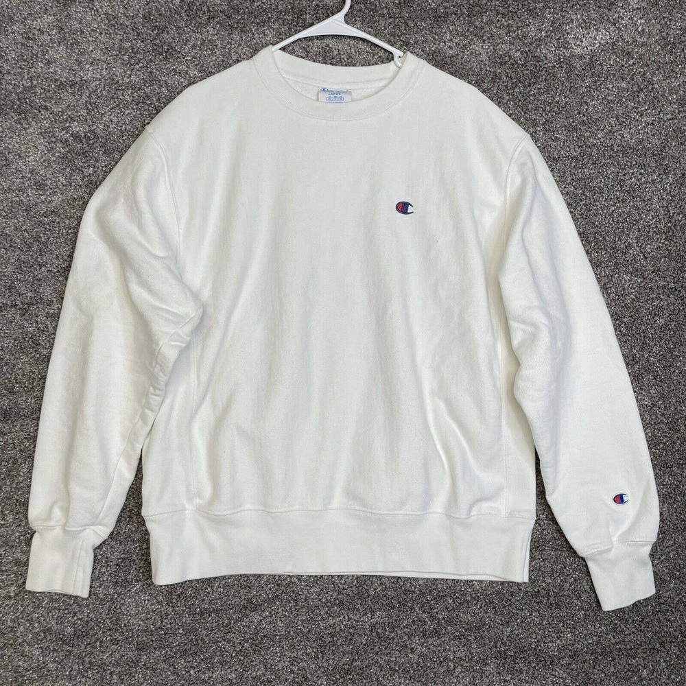 Champion Mens Reverse Weave White Crewneck Pullover Sweatshirt Size Large